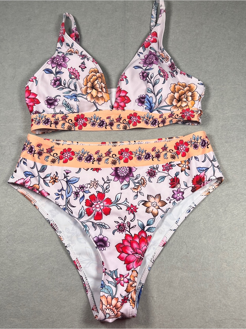 Floral Bikini Set M High Waist Two Piece Swimsuit Boho Botanical Beach